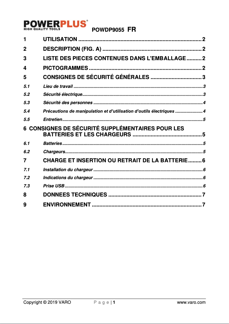 Page 1 de la notice Manuel utilisateur PowerPlus POWDP9055
