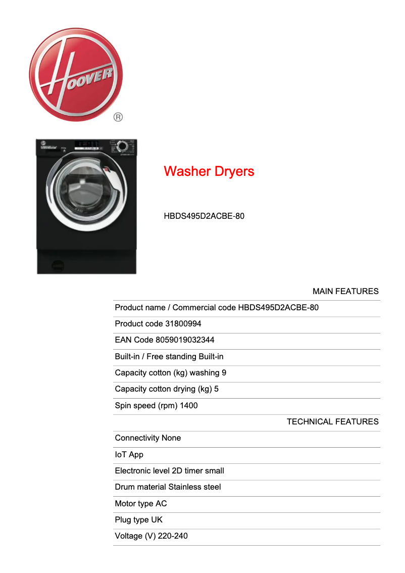 Page n°1 - Fiche technique Hoover H-WASH 300 LITE HBDS495D2ACBE-80