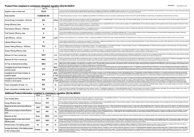 Page 1 de la notice Fiche technique Elica YE PRF0098375B