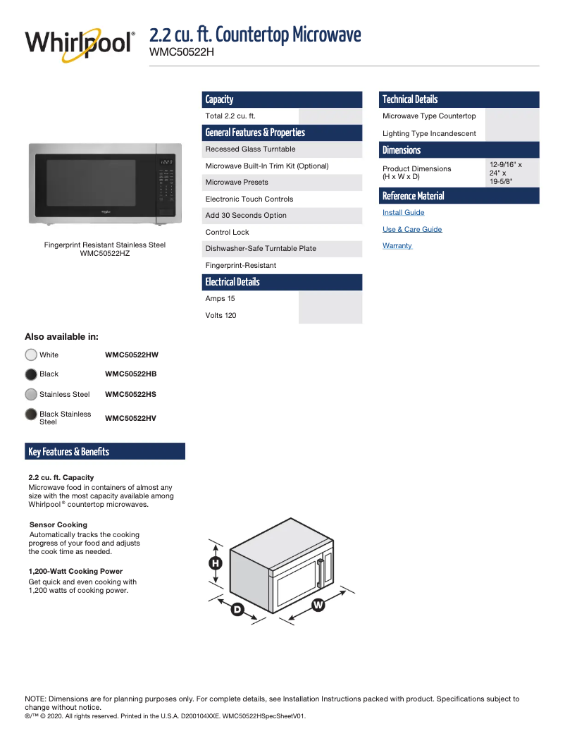 Page 1 de la notice Fiche technique Whirlpool WMC50522HW