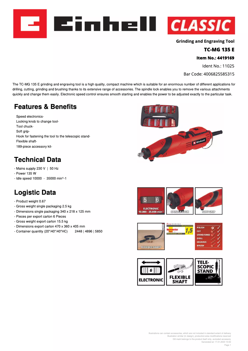 Page 1 de la notice Fiche technique Einhell TC-MG 135 E