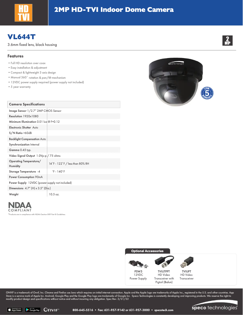 Page 1 de la notice Fiche technique Speco Technologies VL644T