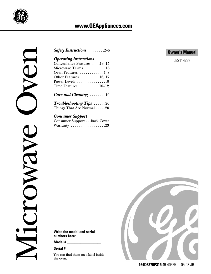 Page 1 de la notice Manuel utilisateur GE JES1142SF