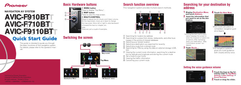 Page 1 de la notice Guide de démarrage rapide Pioneer AVIC-F9110BT