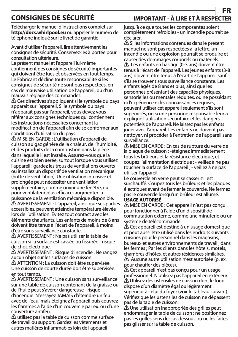 Page 1 de la notice Manuel utilisateur Whirlpool AKM 250/NB