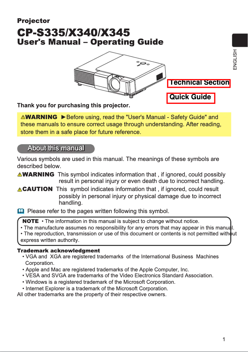 Image de la première page du manuel de l'appareil CP-X345