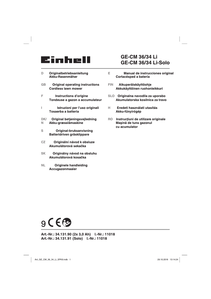 Page 1 de la notice Manuel utilisateur Einhell GE-CM 36/34 Li-Solo