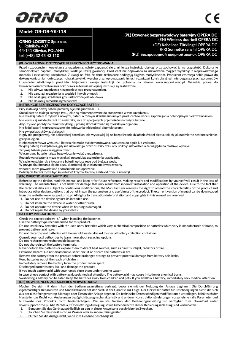 Página 1 del manual Manual de usuario ORNO OR-DB-YK-118