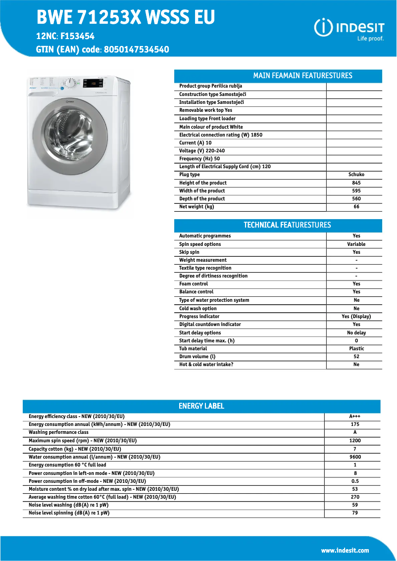 Página 1 del manual Ficha técnica Indesit BWE 71253X WSSS EU