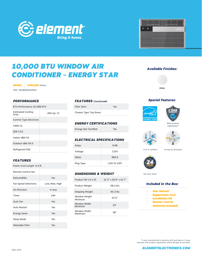 Page 1 de la notice Fiche technique Element EWR10BE
