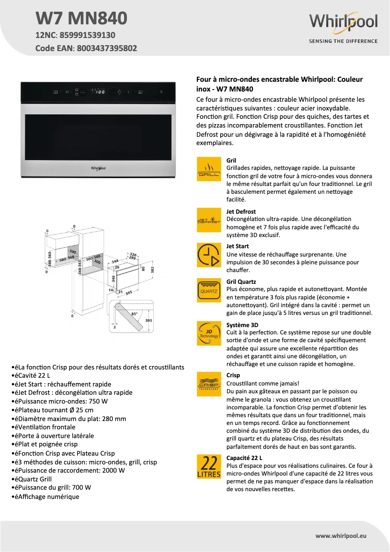 Page n°1 - Fiche technique Whirlpool W7 MN840