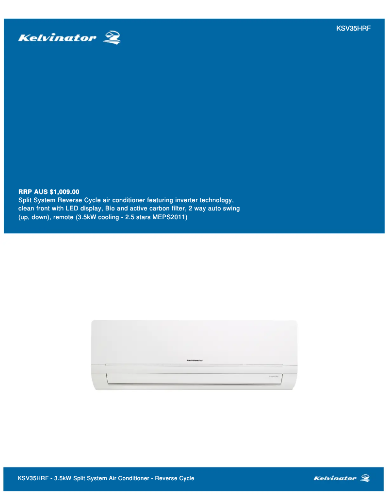Page n°1 - Fiche technique Kelvinator KSV35HRF