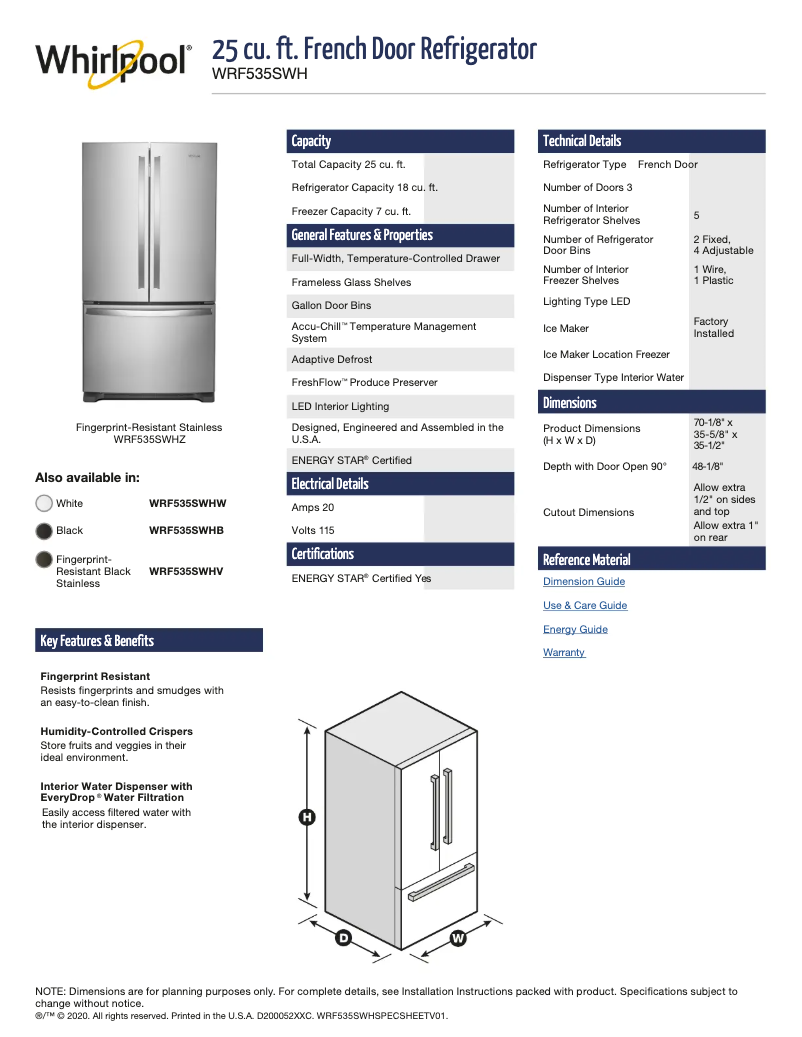 Page 1 de la notice Fiche technique Whirlpool WRF535SWHV