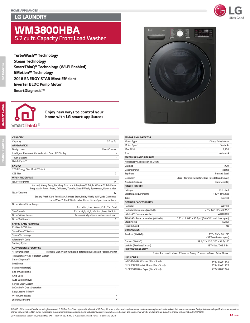 Página 1 del manual Ficha técnica LG WM3800HBA