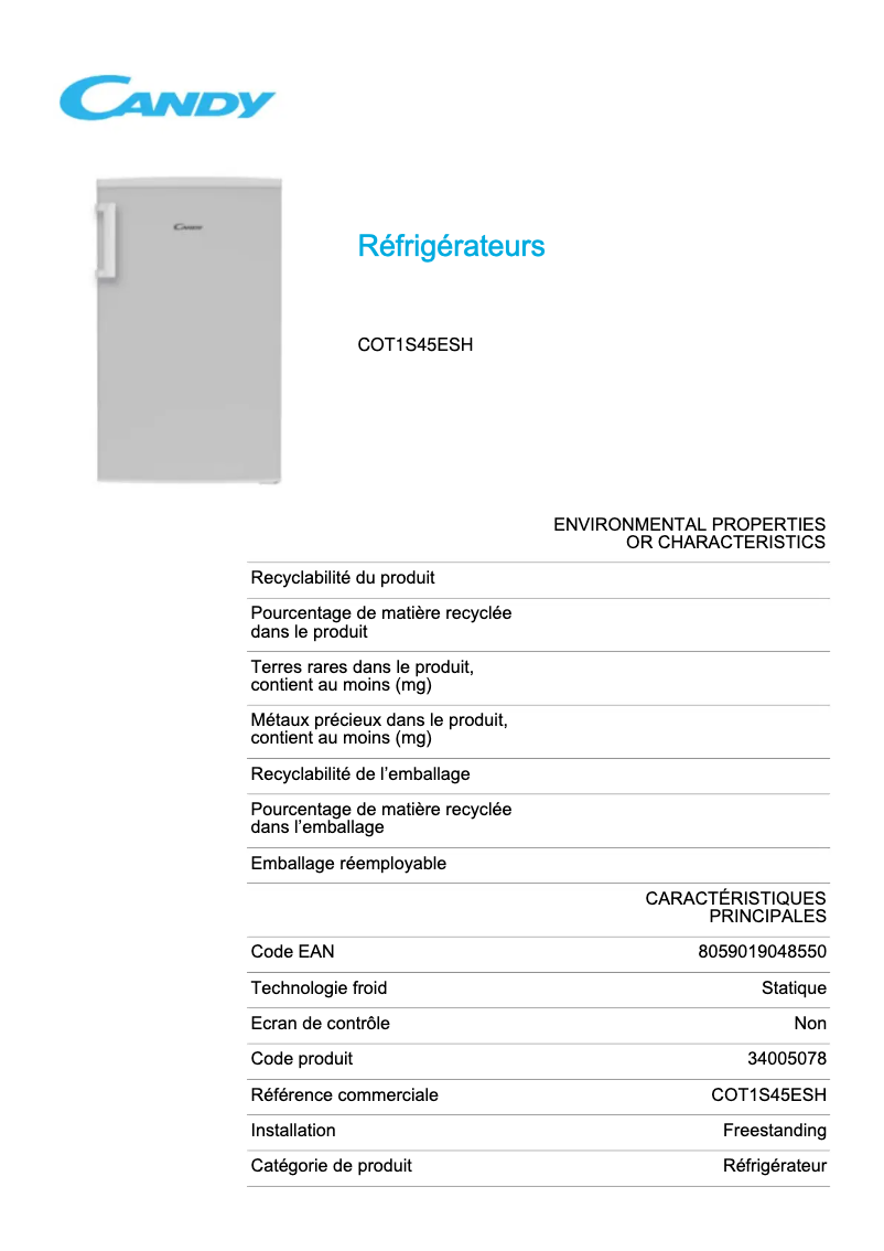 Page 1 de la notice Fiche technique Candy COT1S45ESH