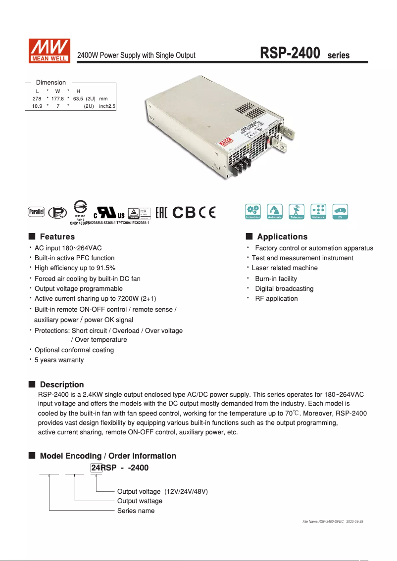 Page 1 de la notice Manuel utilisateur Mean Well RSP-2400-12