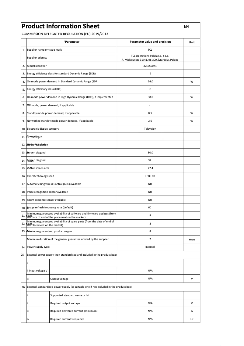 First page image of the manual for 32ES560