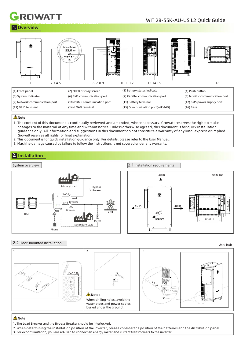Page 1 de la notice Manuel utilisateur Growatt WIT 28-55K-AU-US L2