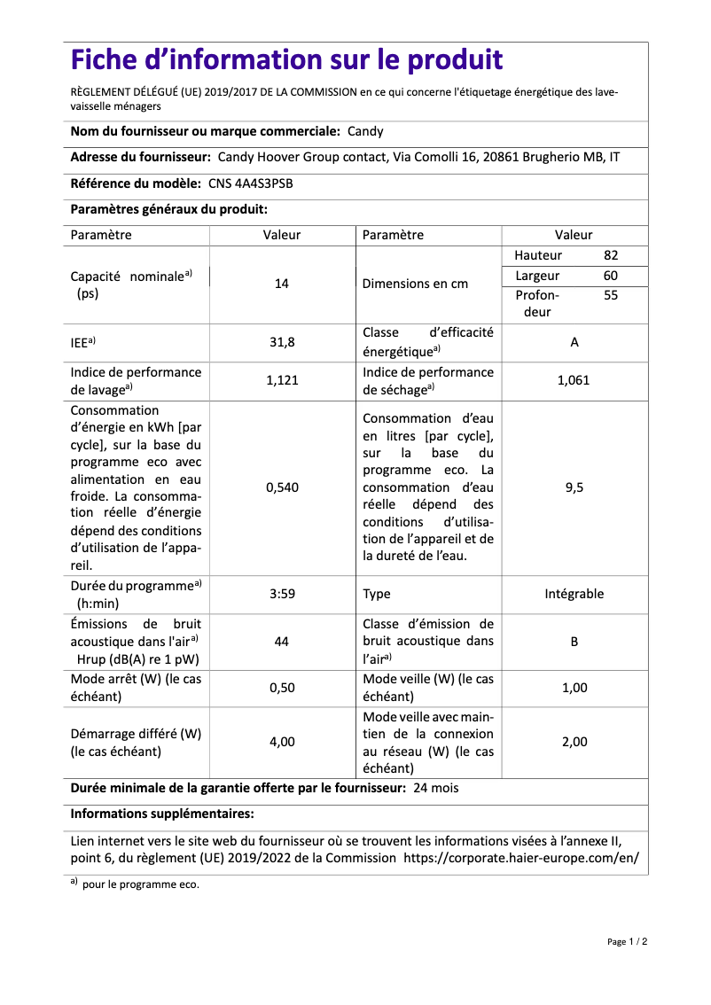 Page 1 de la notice Fiche technique Candy CNS 4A4S3PSB