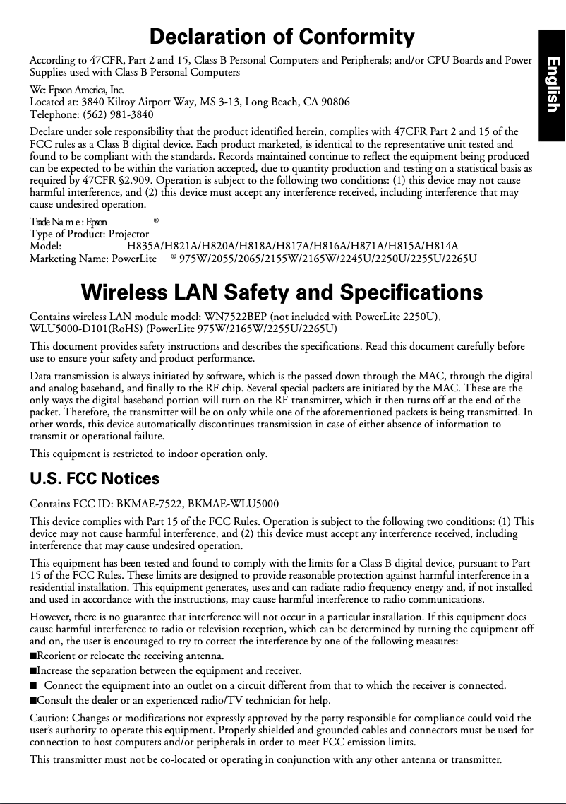 Page 1 de la notice Informations de garantie Epson PowerLite 2155W