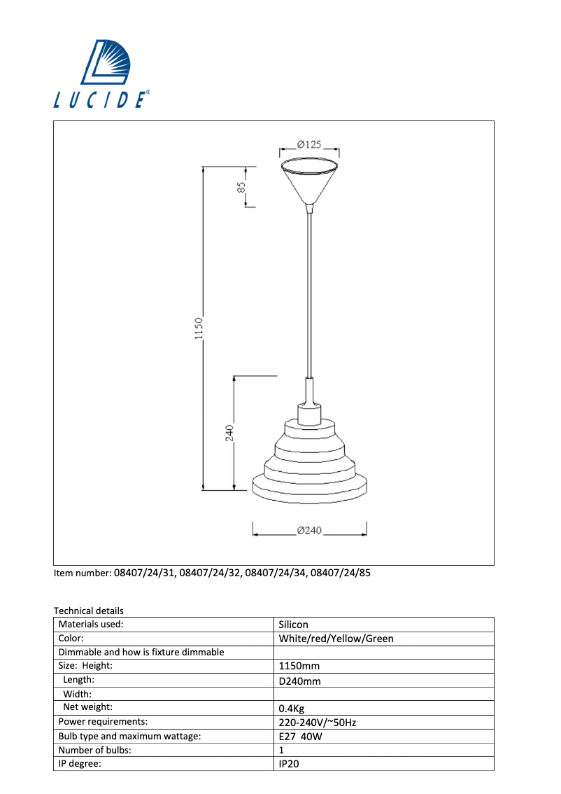 Page 1 de la notice Manuel utilisateur Lucide Tuti 08407/24/32