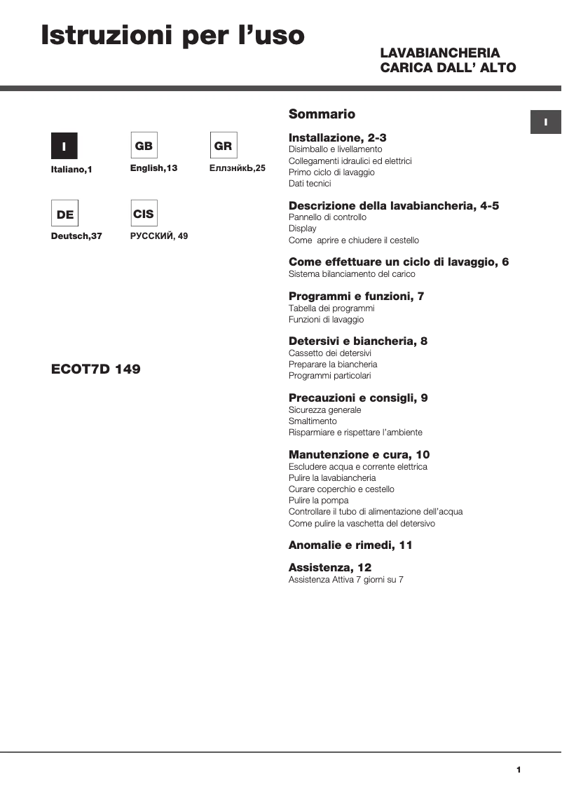 Page 1 de la notice Manuel utilisateur Hotpoint Ariston ECOT7D 149 (EU)