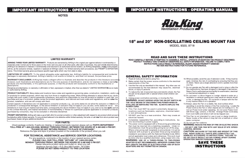 Page 1 de la notice Manuel utilisateur Air King 9718