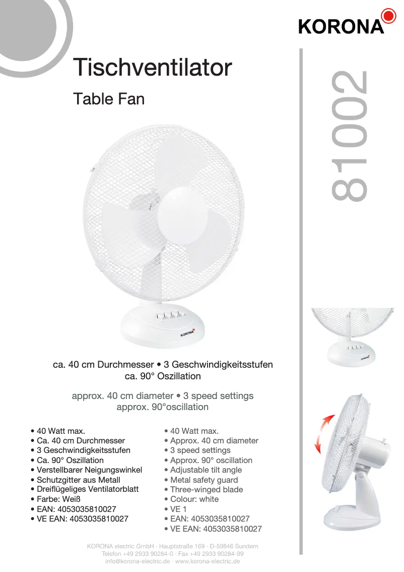 Page n°1 - Fiche technique Korona 81002