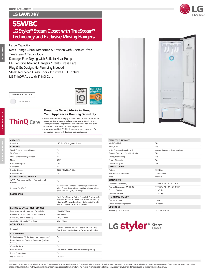 Page 1 de la notice Fiche technique LG S5WBC
