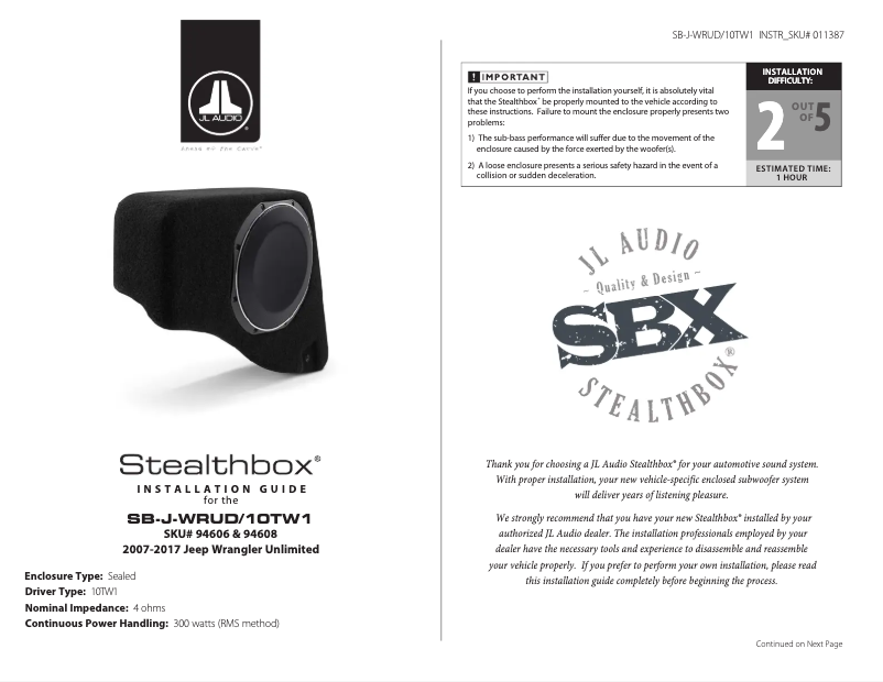 Página 1 del manual Manual de usuario JL Audio Stealthbox SB-J-WRUD/10TW1/BK