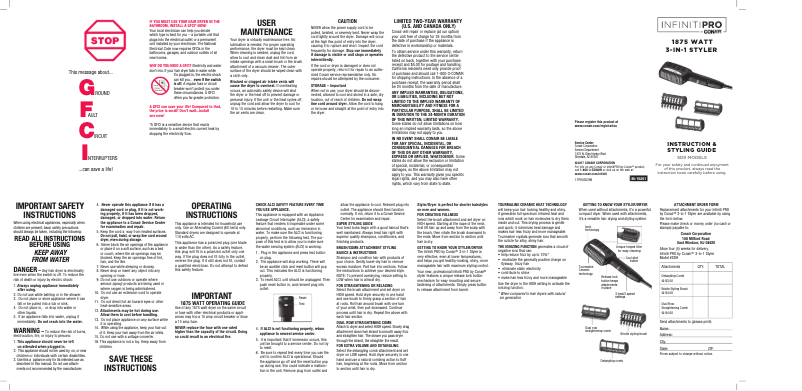 Page 1 de la notice Manuel utilisateur Conair InfinitiPRO SD9NX