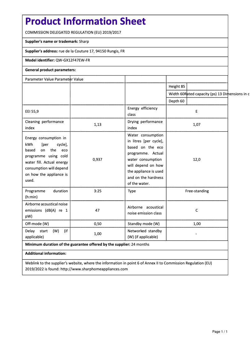 Page 1 de la notice Manuel utilisateur Sharp QW-GX12F47EW-FR