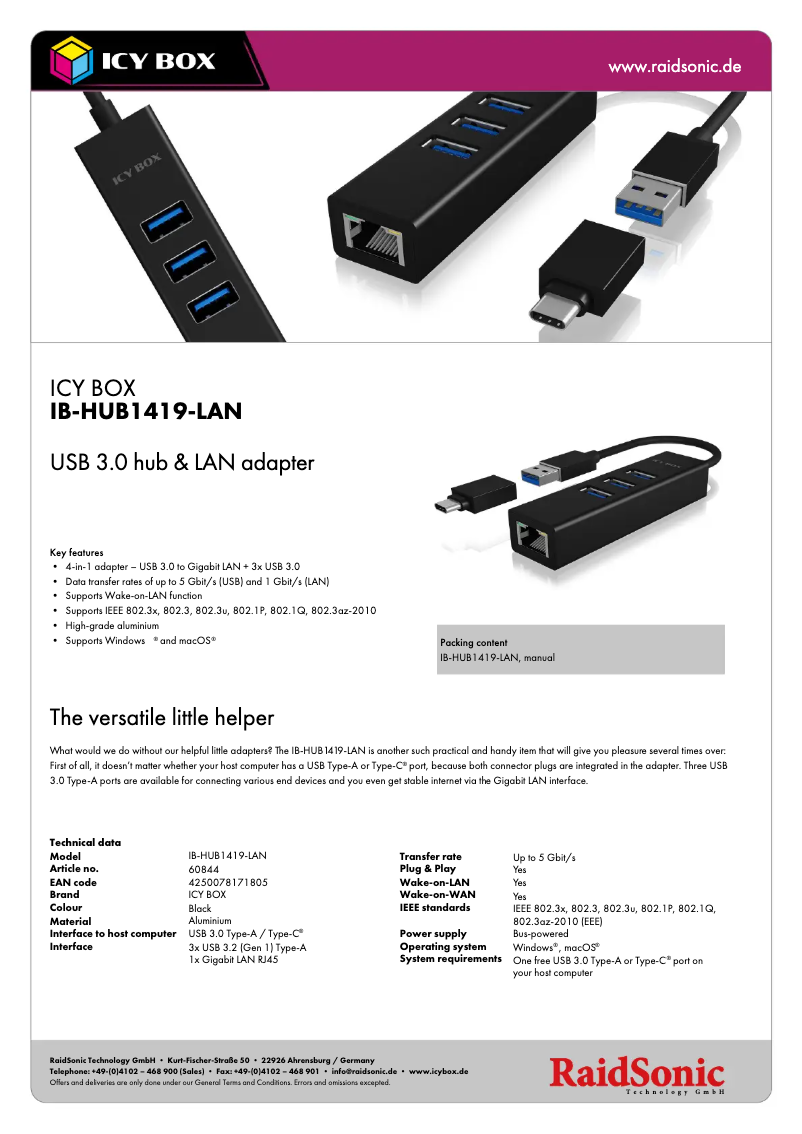 Page 1 de la notice Fiche technique Icy Box IB-HUB1419-LAN
