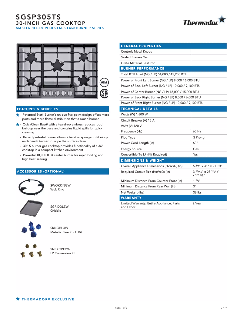 Page n°1 - Fiche technique Thermador SGSP305TS
