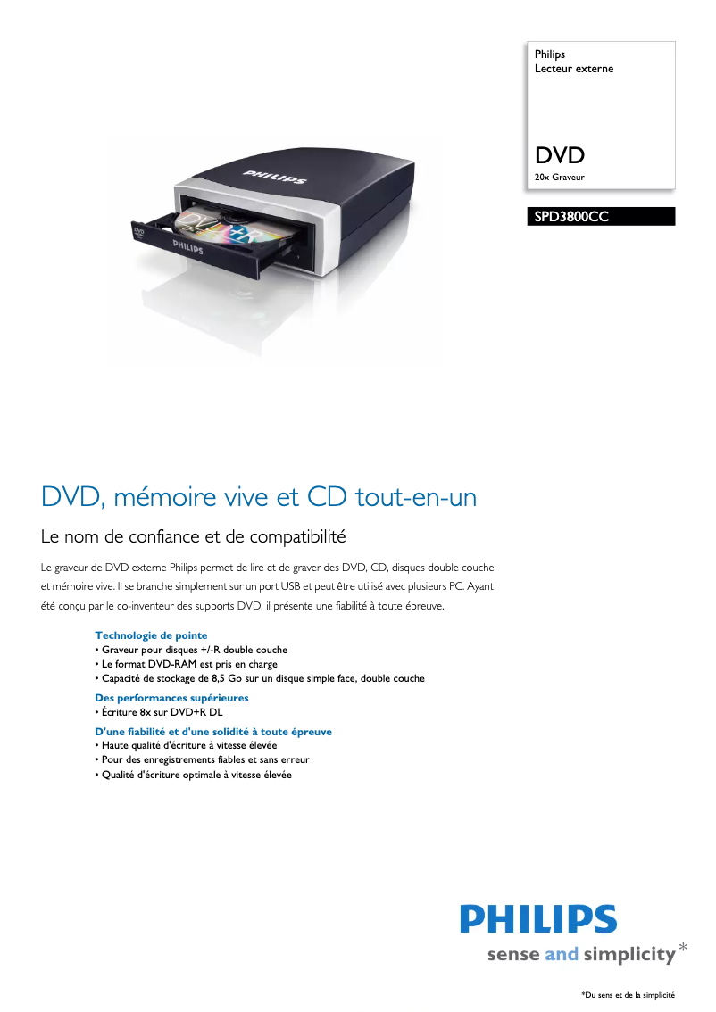 Página 1 del manual Ficha técnica Philips SPD3800CC