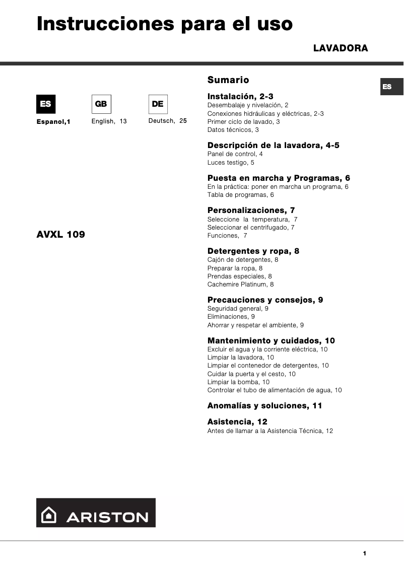 Page 1 de la notice Manuel utilisateur Ariston Thermo AVXL109