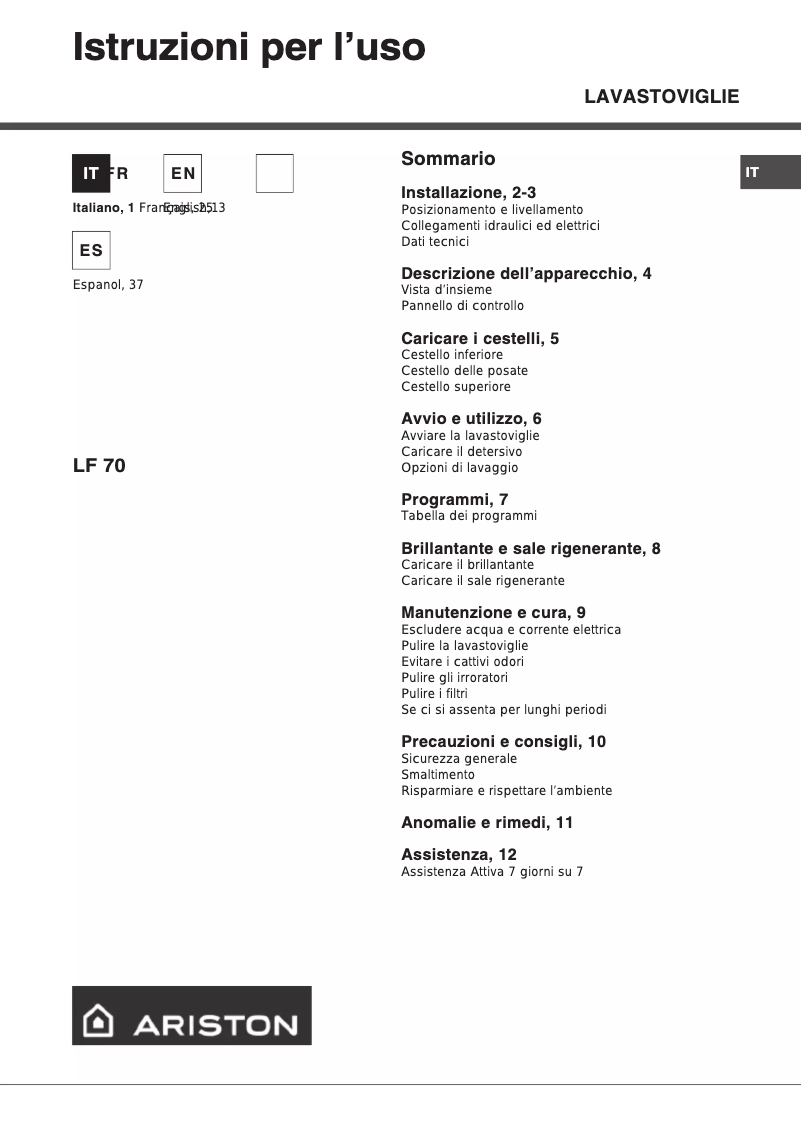 Page 1 de la notice Manuel utilisateur Ariston Thermo LF 70