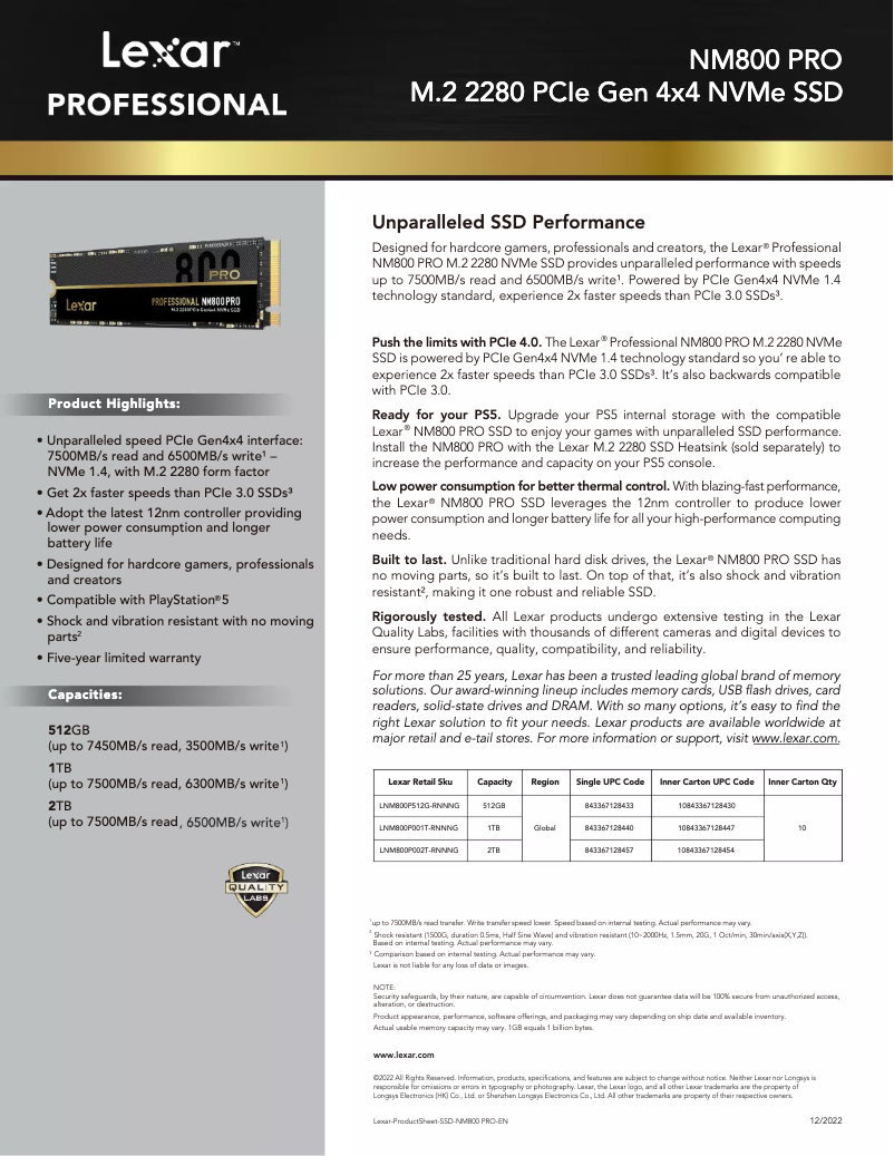 Page 1 de la notice Manuel utilisateur Lexar NM800 PRO