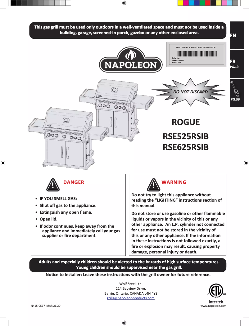 Page n°1 - Manuel utilisateur Napoleon Rogue SE 625 RSIB