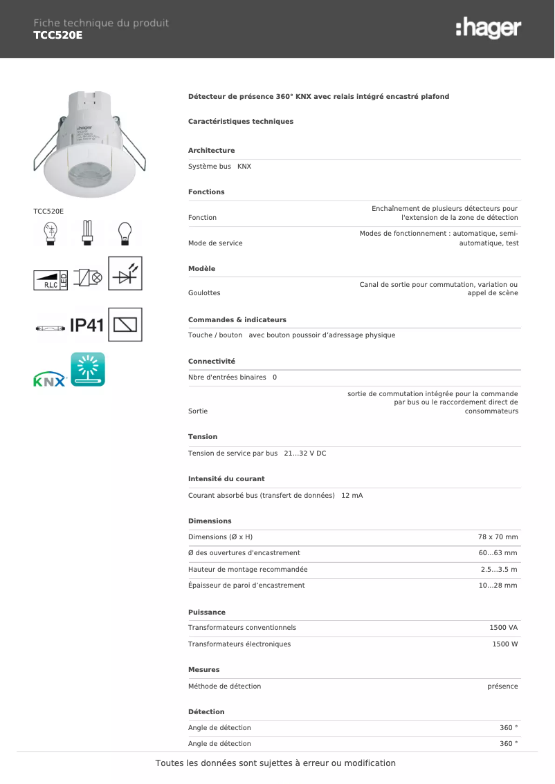 Page 1 de la notice Fiche technique Hager TCC520E