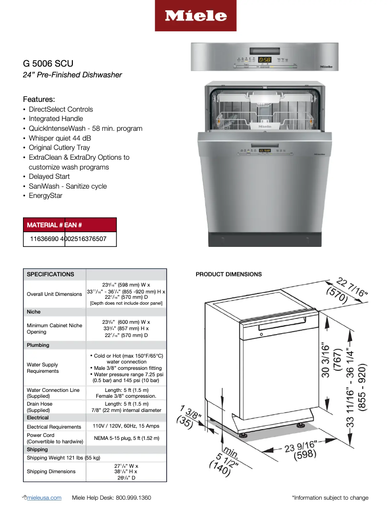 Página 1 del manual Ficha técnica Miele G 5006 SCU