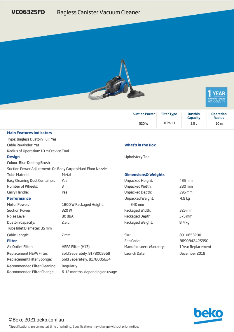 Page n°1 - Fiche technique Beko VCO 6325 FD