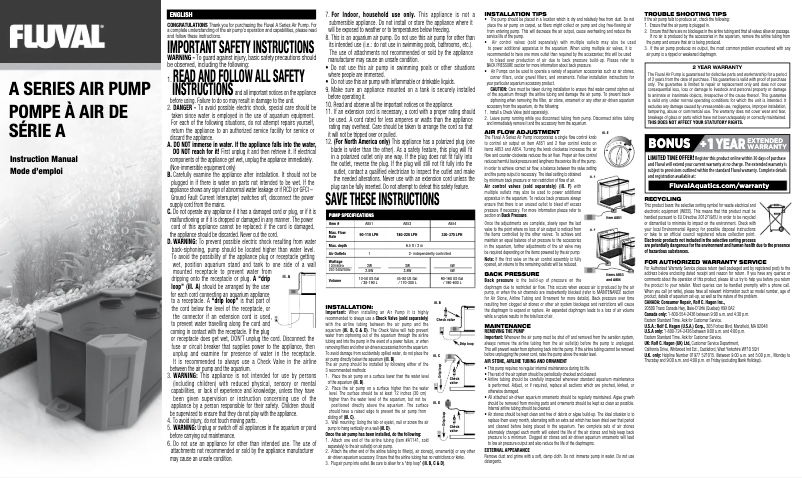 Page 1 de la notice Manuel utilisateur Fluval A402