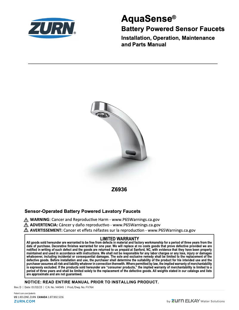 Image de la première page du manuel de l'appareil AquaSense Z6936