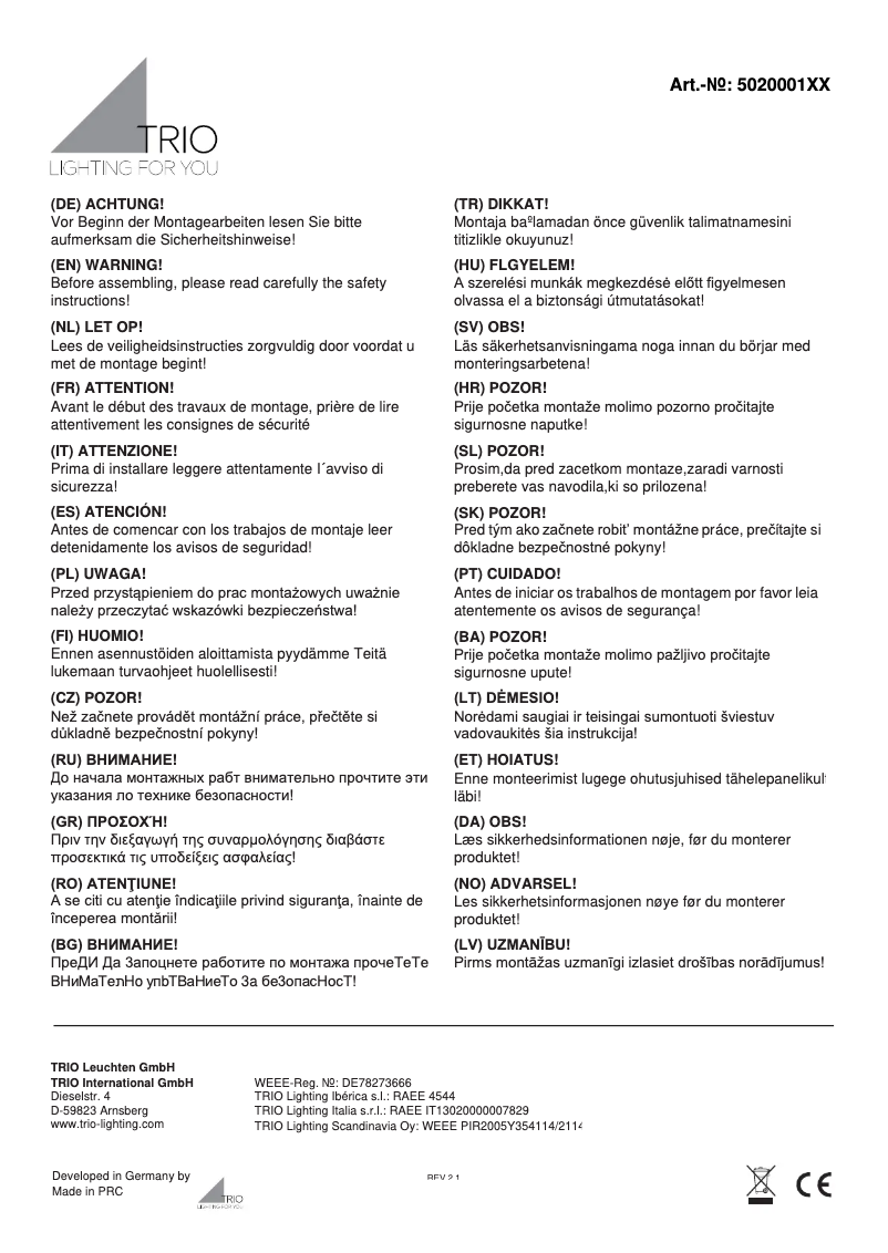 Page 1 de la notice Manuel utilisateur Trio Lighting Pure 502000108