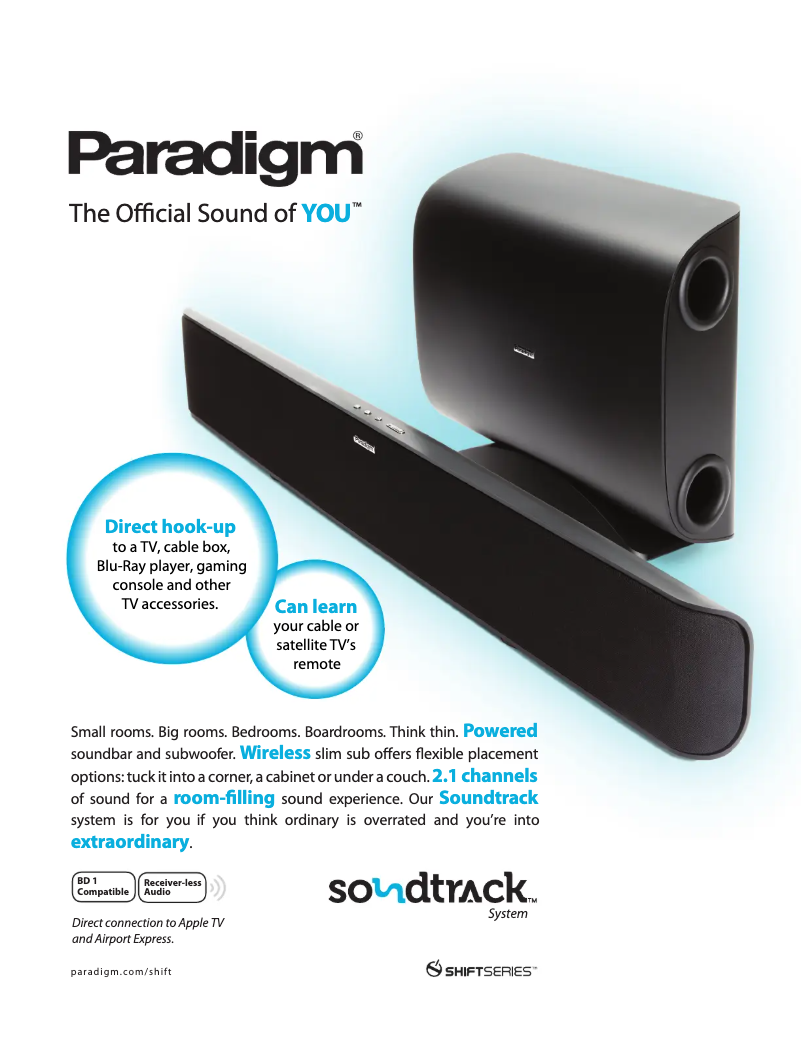 Page 1 de la notice Fiche technique Paradigm Soundtrack System