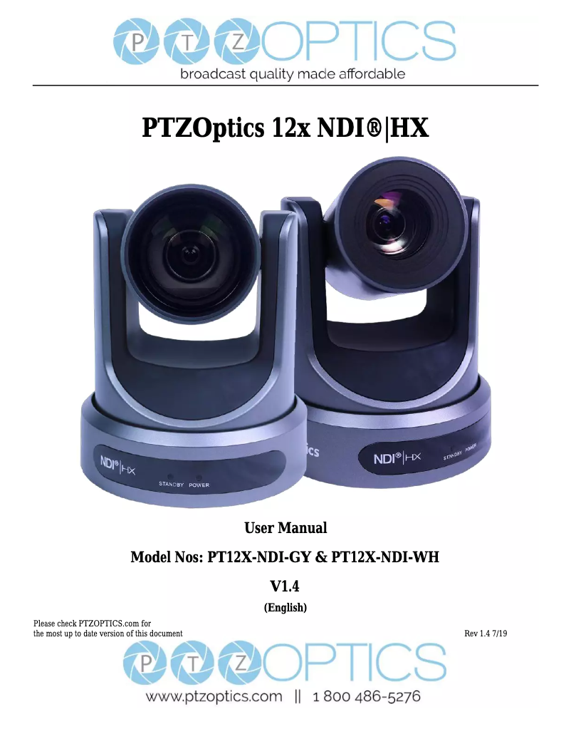 Page 1 of the manual User Manual PTZ Optics PT12X-NDI