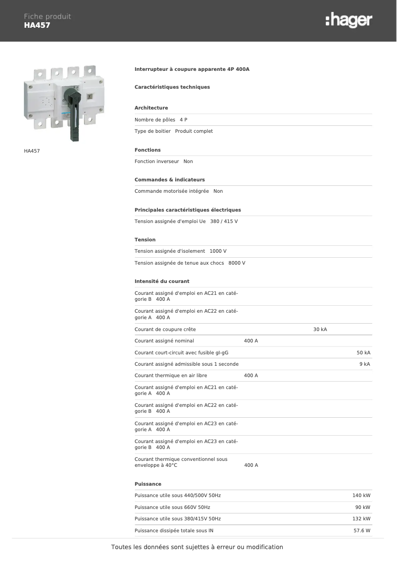 Page 1 de la notice Manuel utilisateur Hager HA457