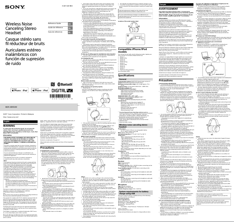 Page n°1 - Manuel utilisateur Sony MDR-XB950N1