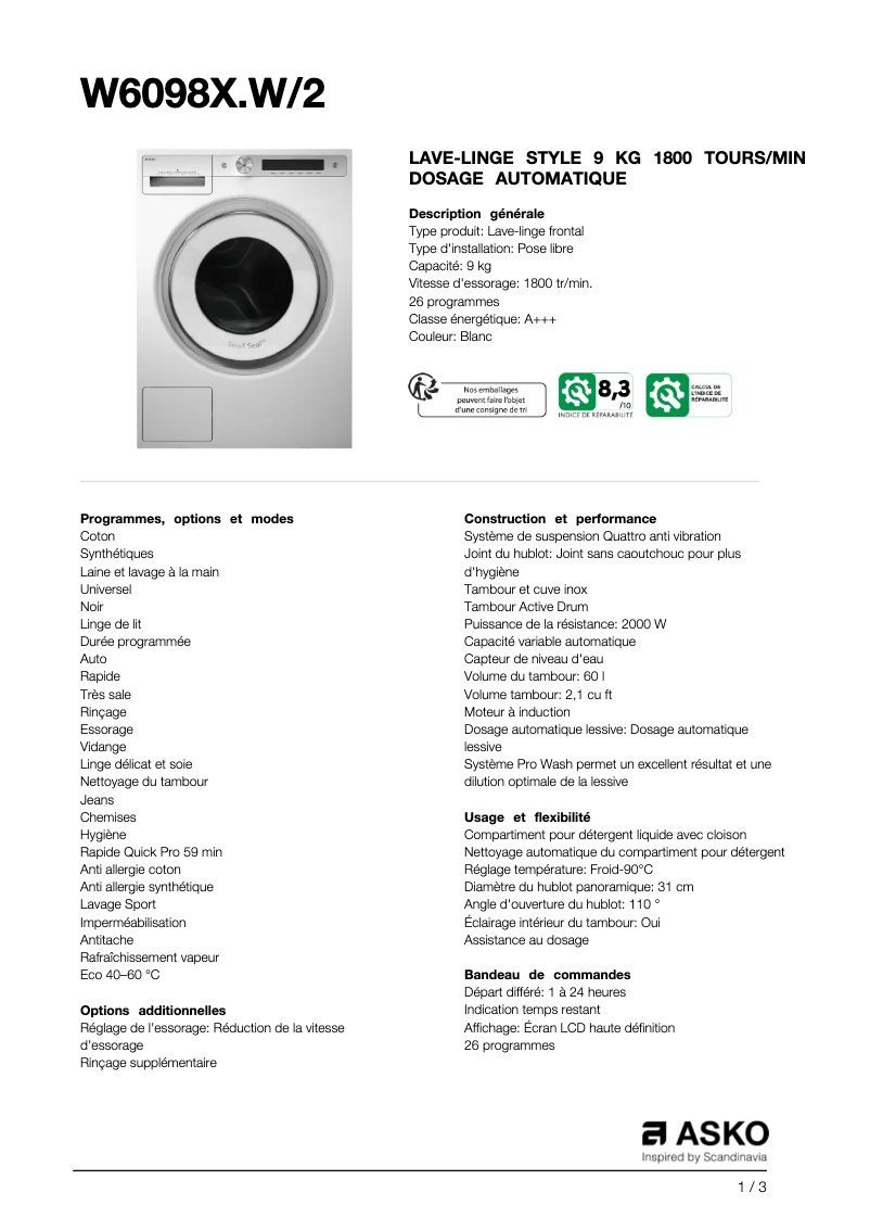 Page 1 de la notice Fiche technique Asko W6098X.W2